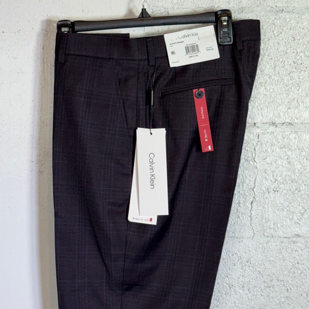 Calvin Klein Men's Slim Wool-Blend Stretch Plaid Suit Pant navy/burg 34X34 $200